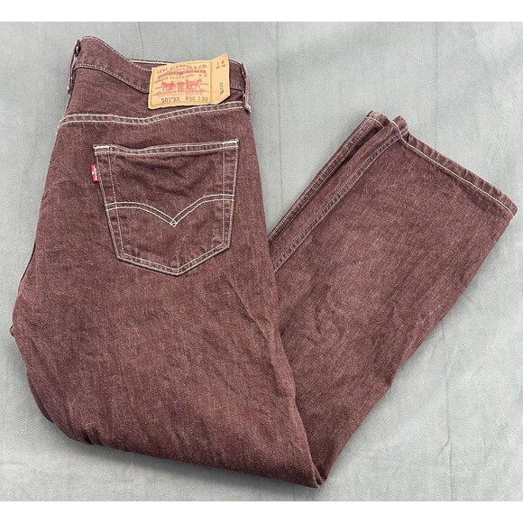 Levis 501XX Jeans Mens 36x30 Maroon Brown Straight Leg Button Fly Denim Pants - Picture 1 of 14